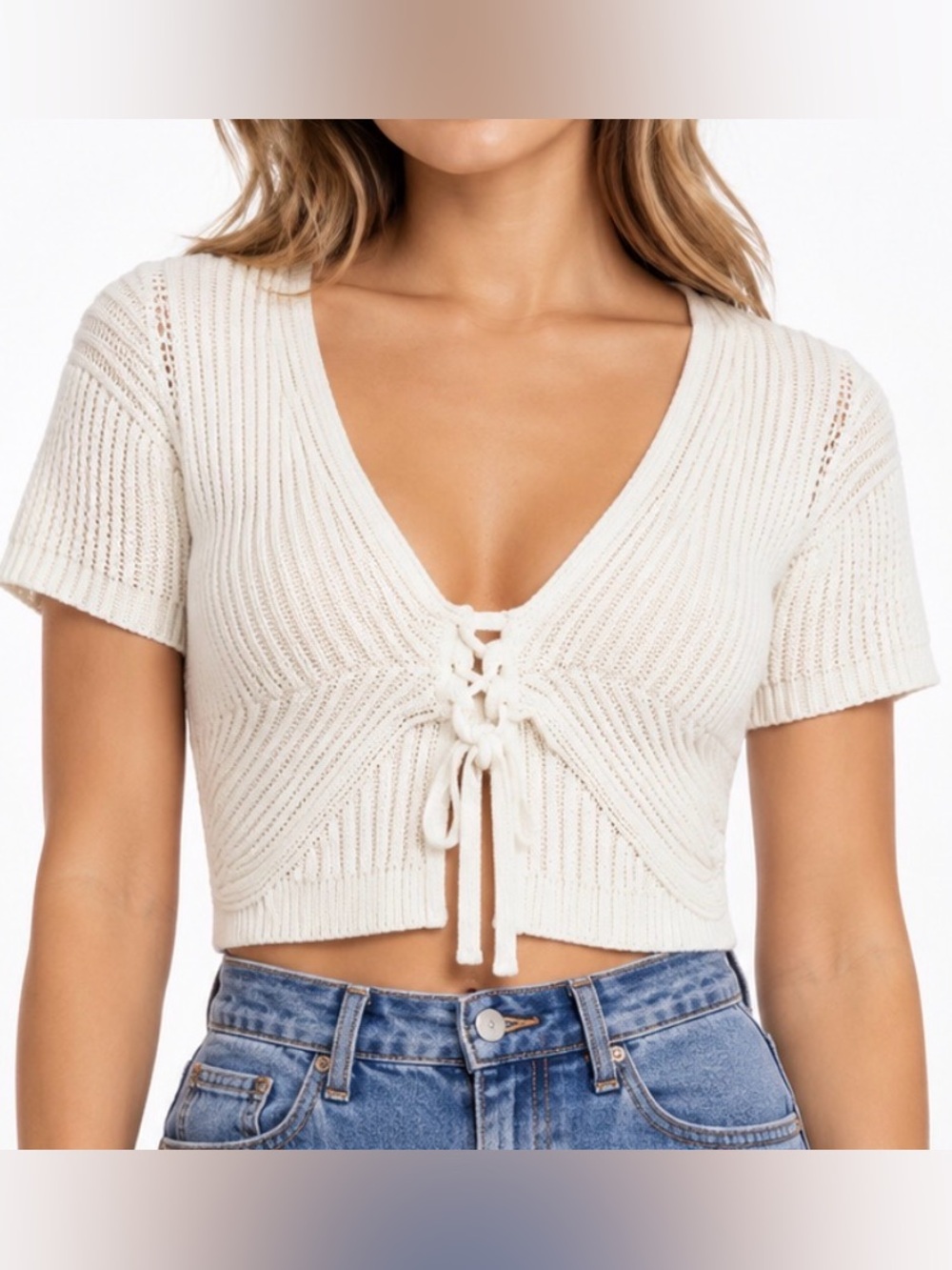 Cotton On Cream Ribbed Knit Lace-Up Crop Top Short Sleeve Size M NWT